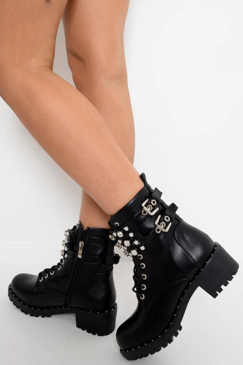 Black Faux Leather Embellished Ankle Boots - Emonii