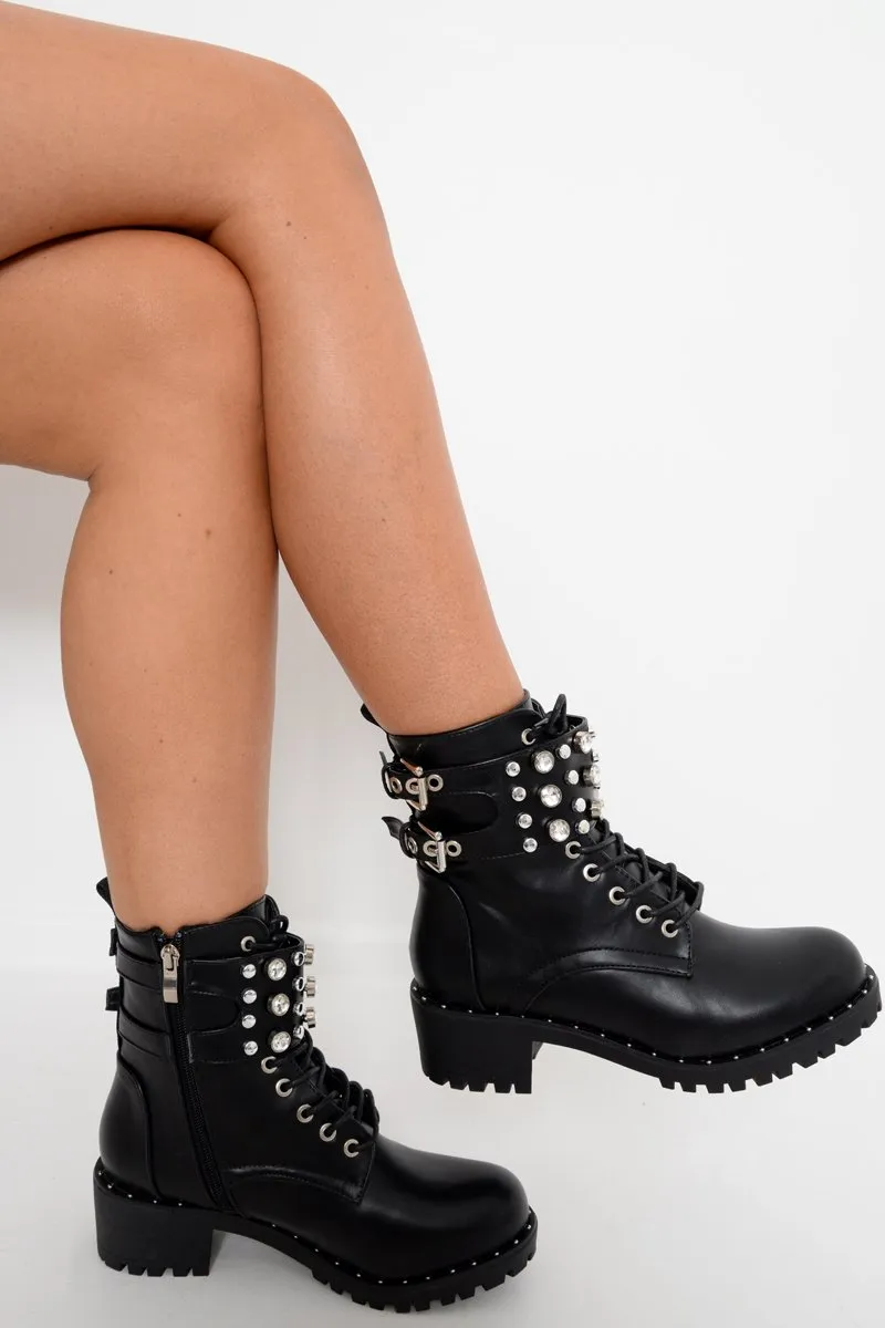 Black Faux Leather Embellished Ankle Boots - Emonii