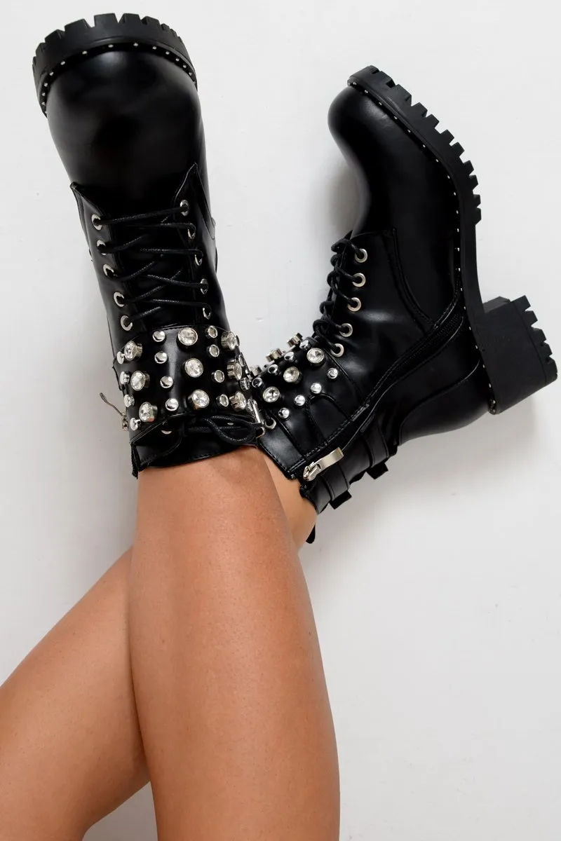 Black Faux Leather Embellished Ankle Boots - Emonii