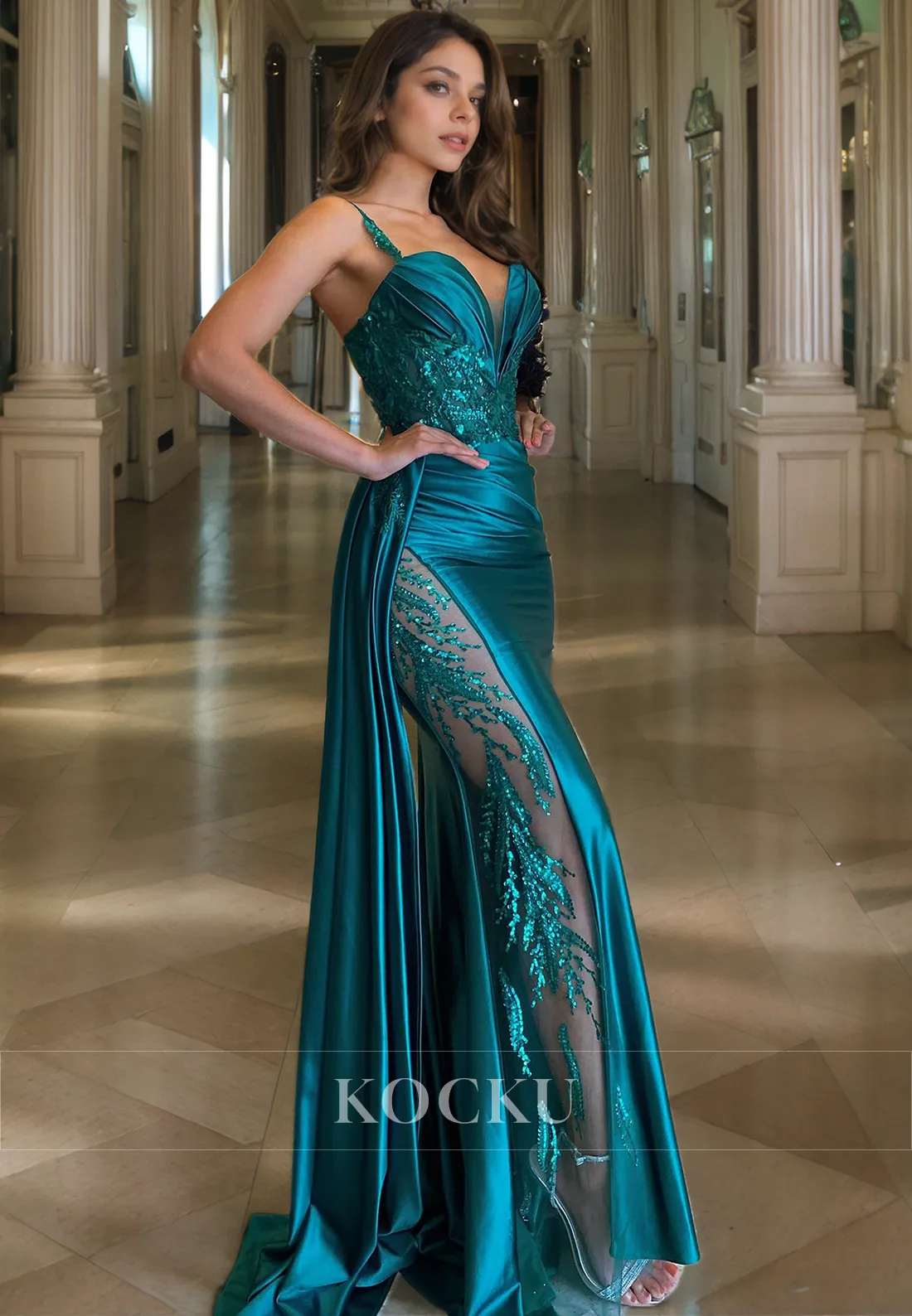 Couture & Ornate Spaghetti Straps V-Neck Sequined Evening Party Prom Dress