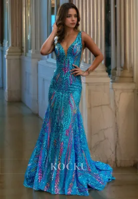 Couture & Ornate V-Neck Sparkly Mermaid Evening Party Prom Dress