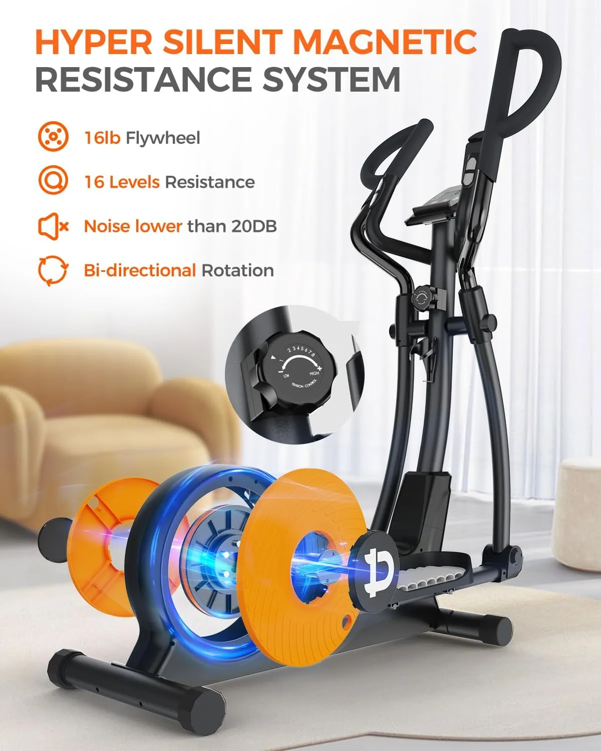 Elliptical Machine, Hyper-Quiet Magnetic Driving System with LCD Monitor 15.5IN Stride, 400LBS Weight Capacity