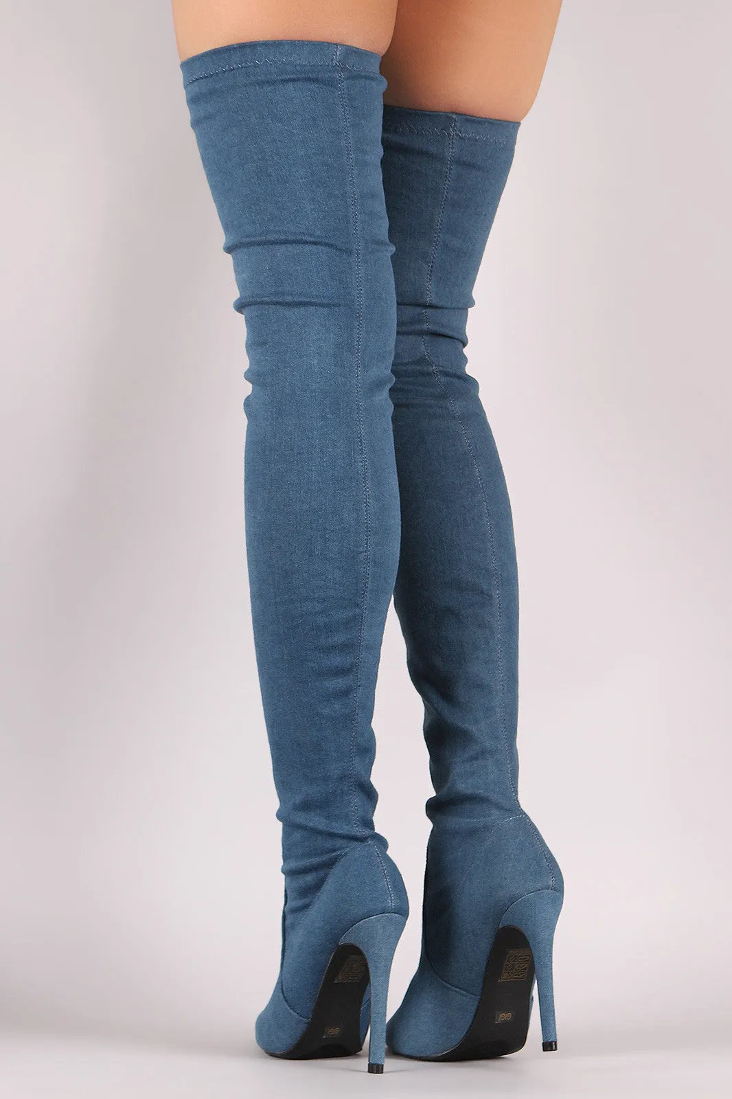 Fitted Denim Pointy Toe Stiletto Over-The-Knee Boots