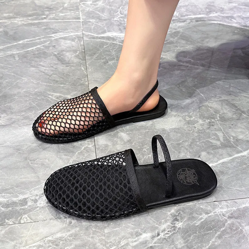 Flat Mesh Sandals Women's  Summer New Korean Style Fashionable Closed Toe Comfortable Two-Way Slip-on Sandals Wholesale