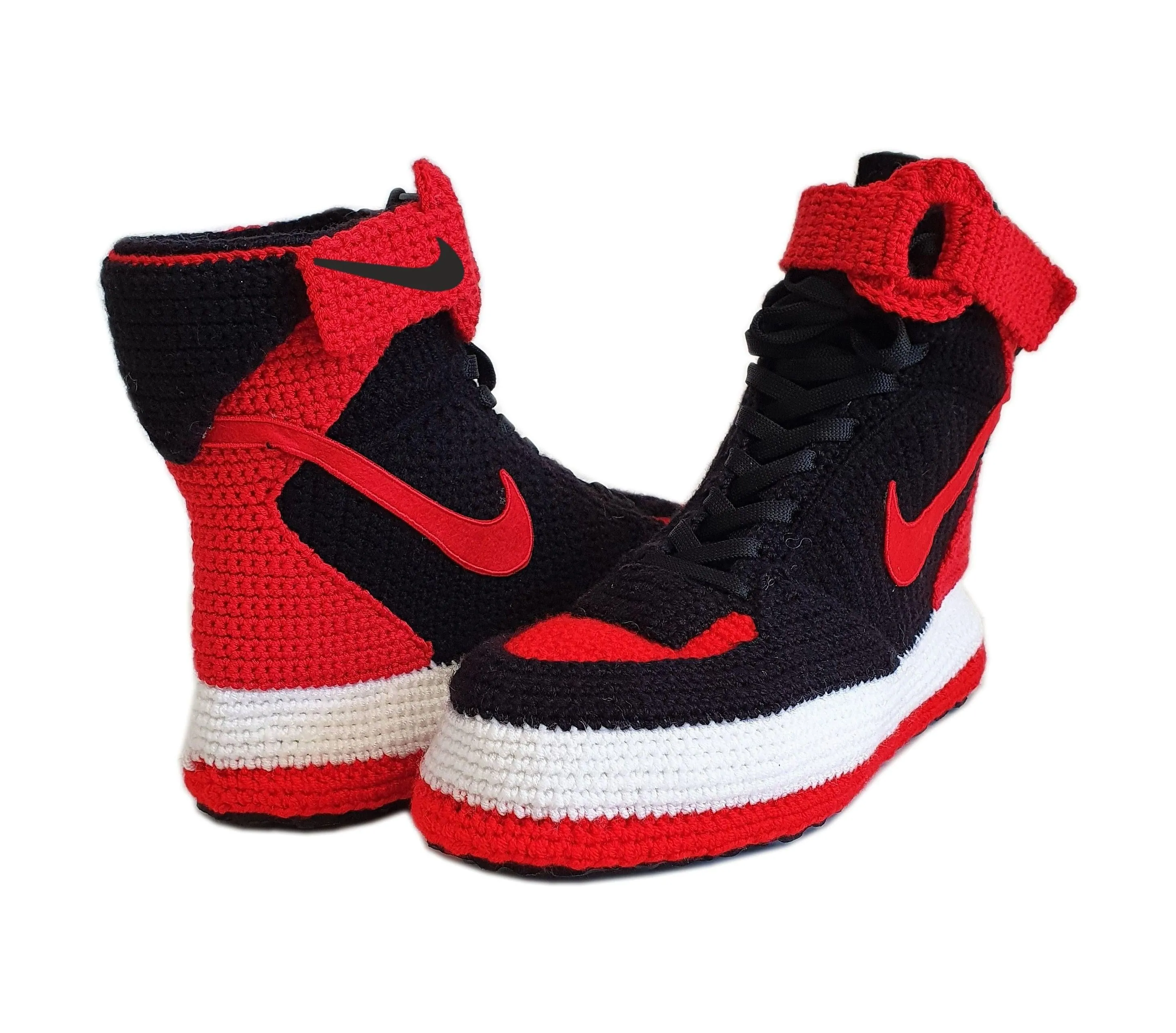 Force 1 High Top Red Black Crochet Style Sneakers Handmade Slippers