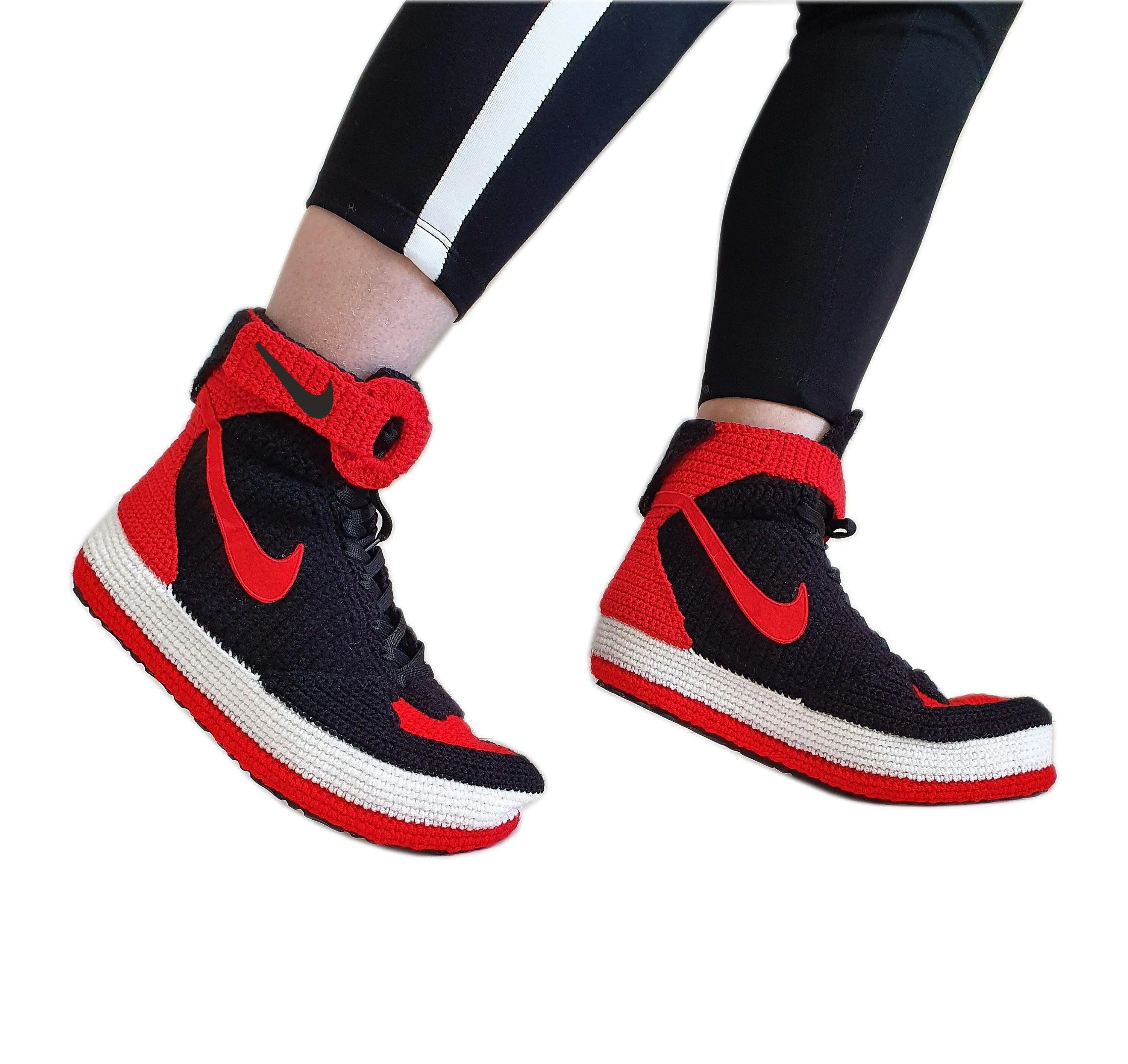 Force 1 High Top Red Black Crochet Style Sneakers Handmade Slippers