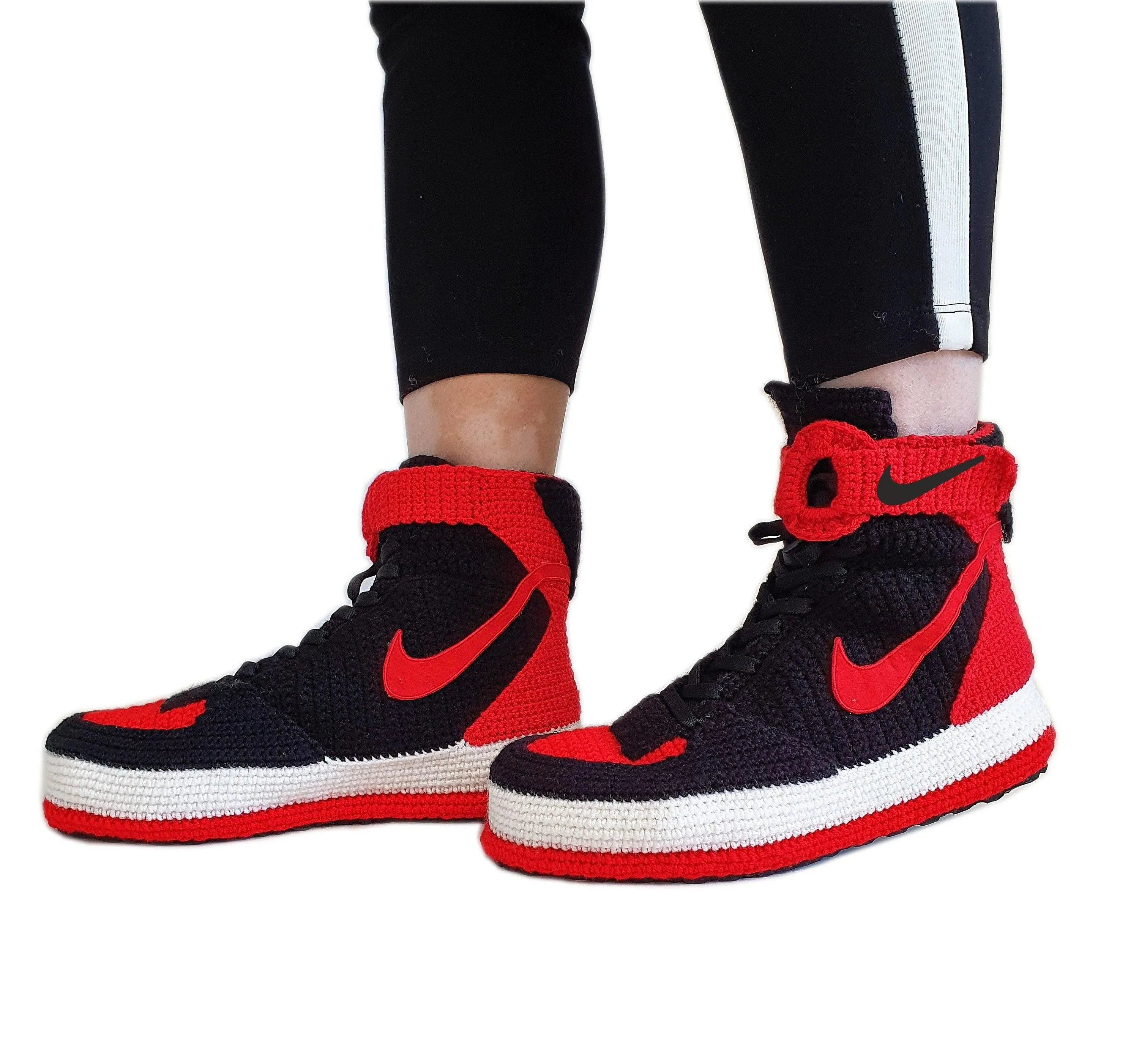 Force 1 High Top Red Black Crochet Style Sneakers Handmade Slippers