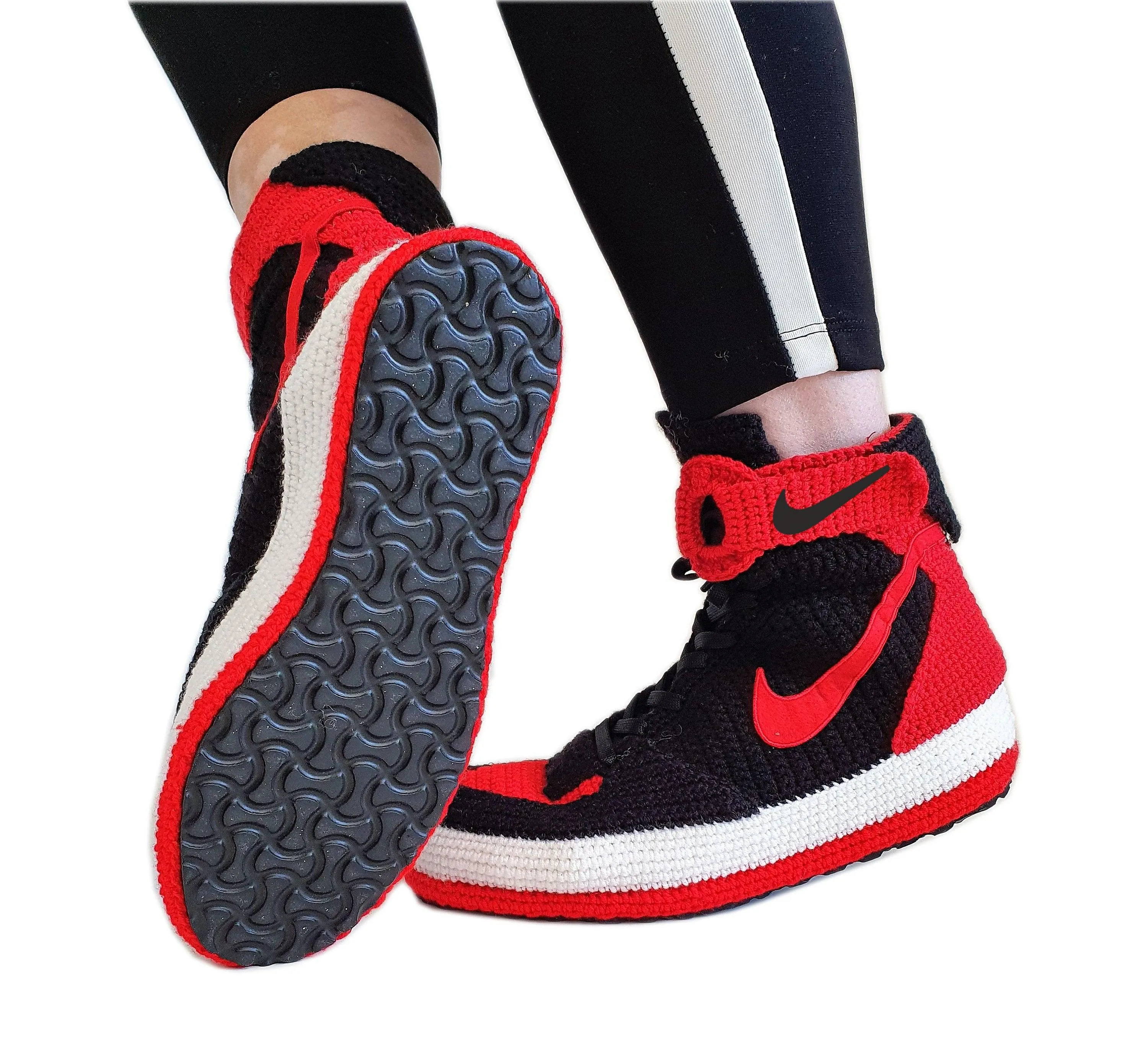 Force 1 High Top Red Black Crochet Style Sneakers Handmade Slippers