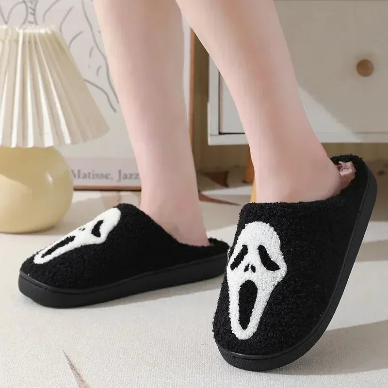 Ghost Face Fuzzy Slippers - Unisex Plush Winter Warm Non-Slip Indoor Shoes for Men/Women (Blue Evil Eye Design)