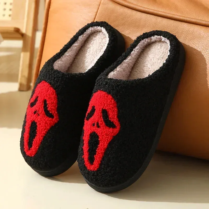 Ghost Face Fuzzy Slippers - Unisex Plush Winter Warm Non-Slip Indoor Shoes for Men/Women (Blue Evil Eye Design)