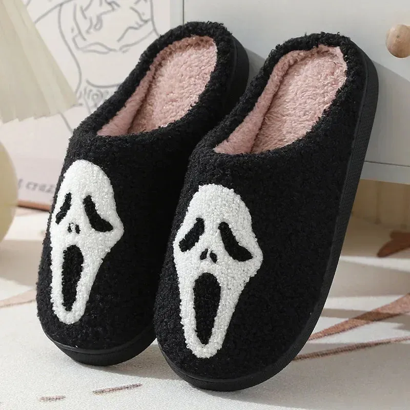 Ghost Face Fuzzy Slippers - Unisex Plush Winter Warm Non-Slip Indoor Shoes for Men/Women (Blue Evil Eye Design)