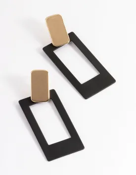 Gold Open Black Rectangle Drop Earrings