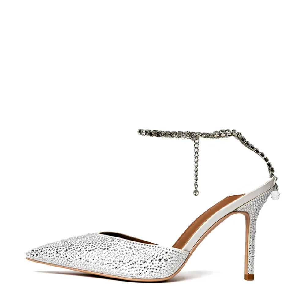 Hailey White & Silver Crystal Ankle Strap Heels