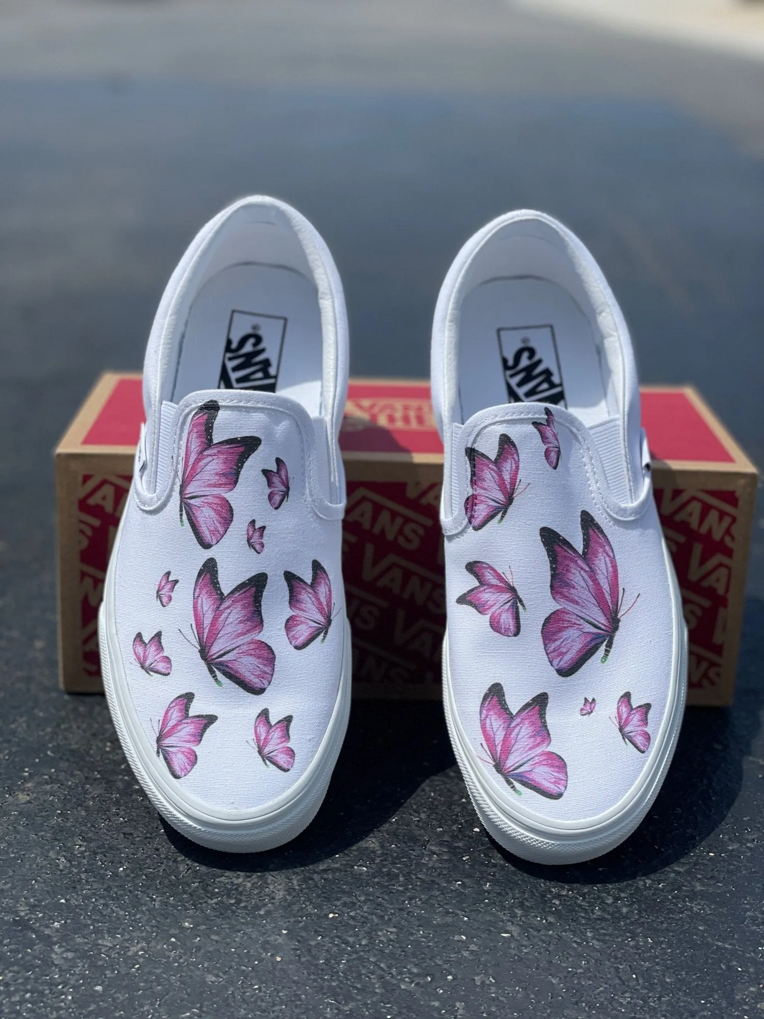 Kids Shoes - Pink Butterfly Custom White Slip Ons