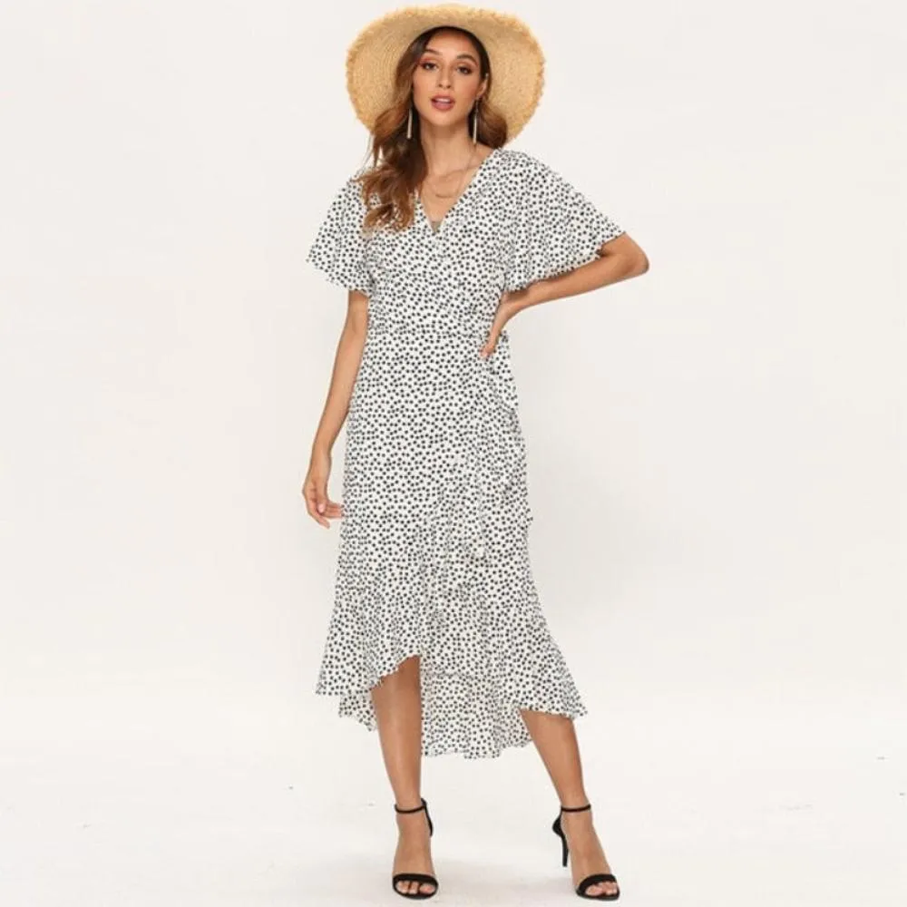 Maxi Floral Print Ruffles Wrap CV-Neck Split Sexy  Dress