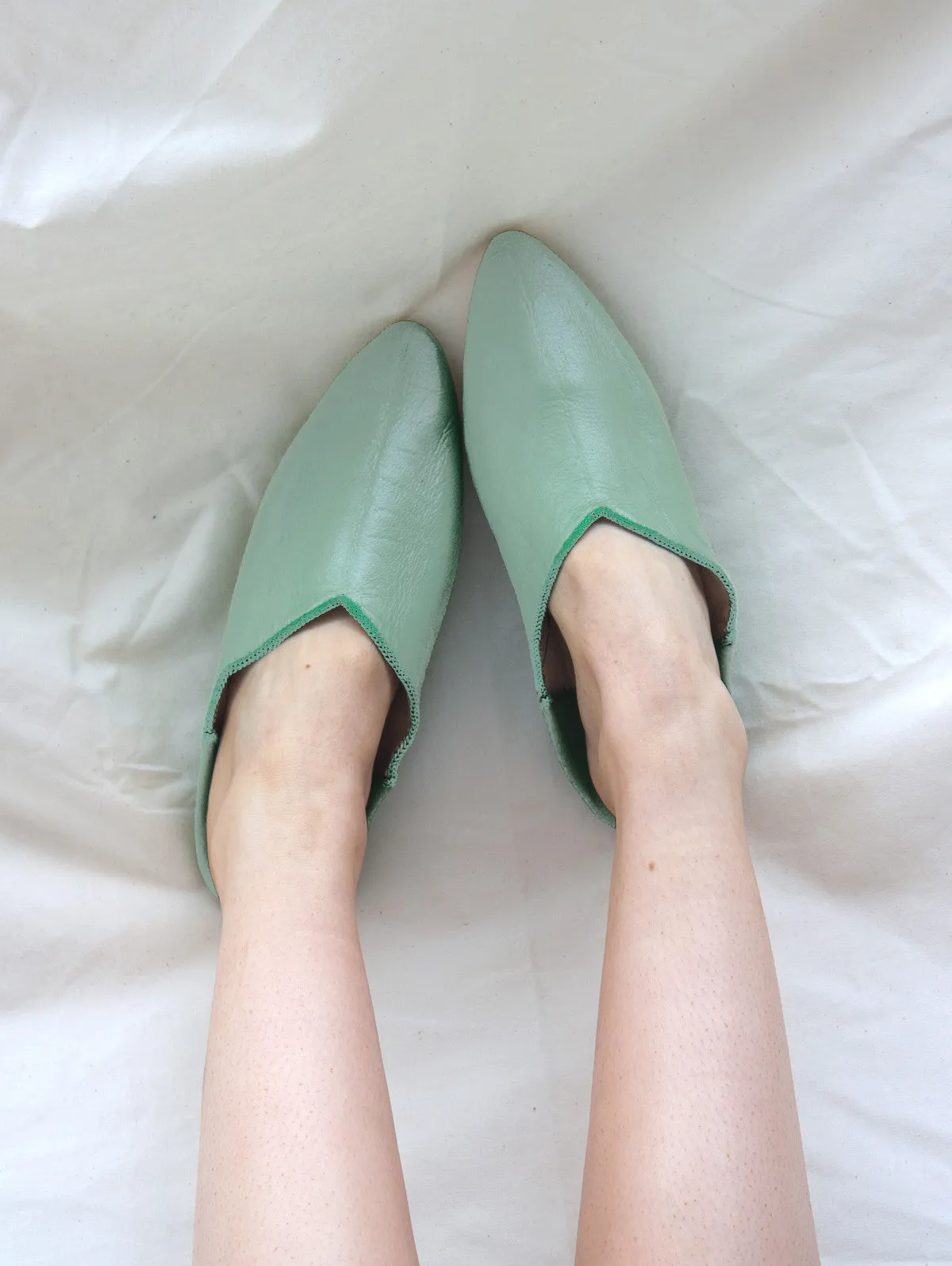 Moroccan Plain Pointed Babouche Slippers, Sage