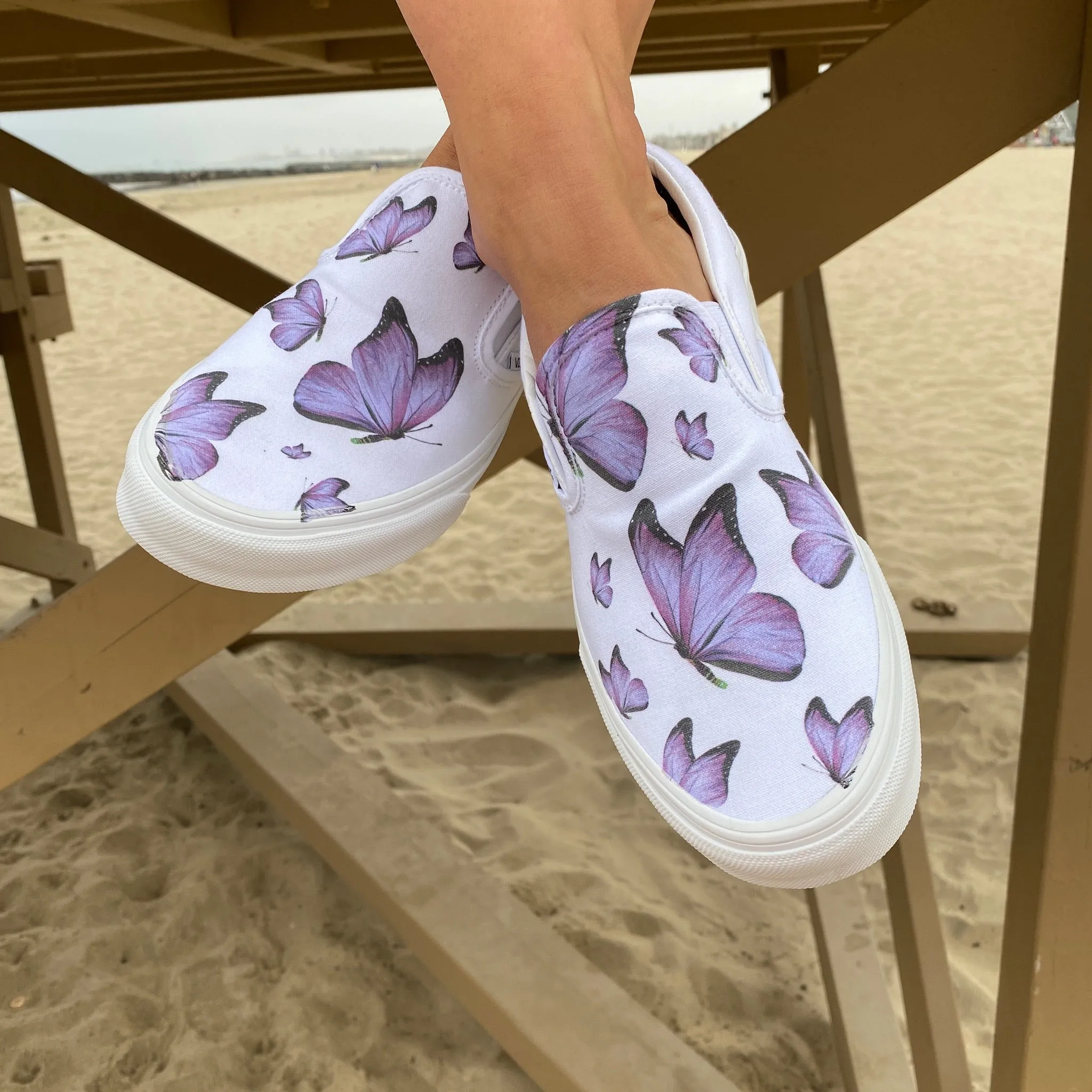 Purple Butterfly - White Slip Ons