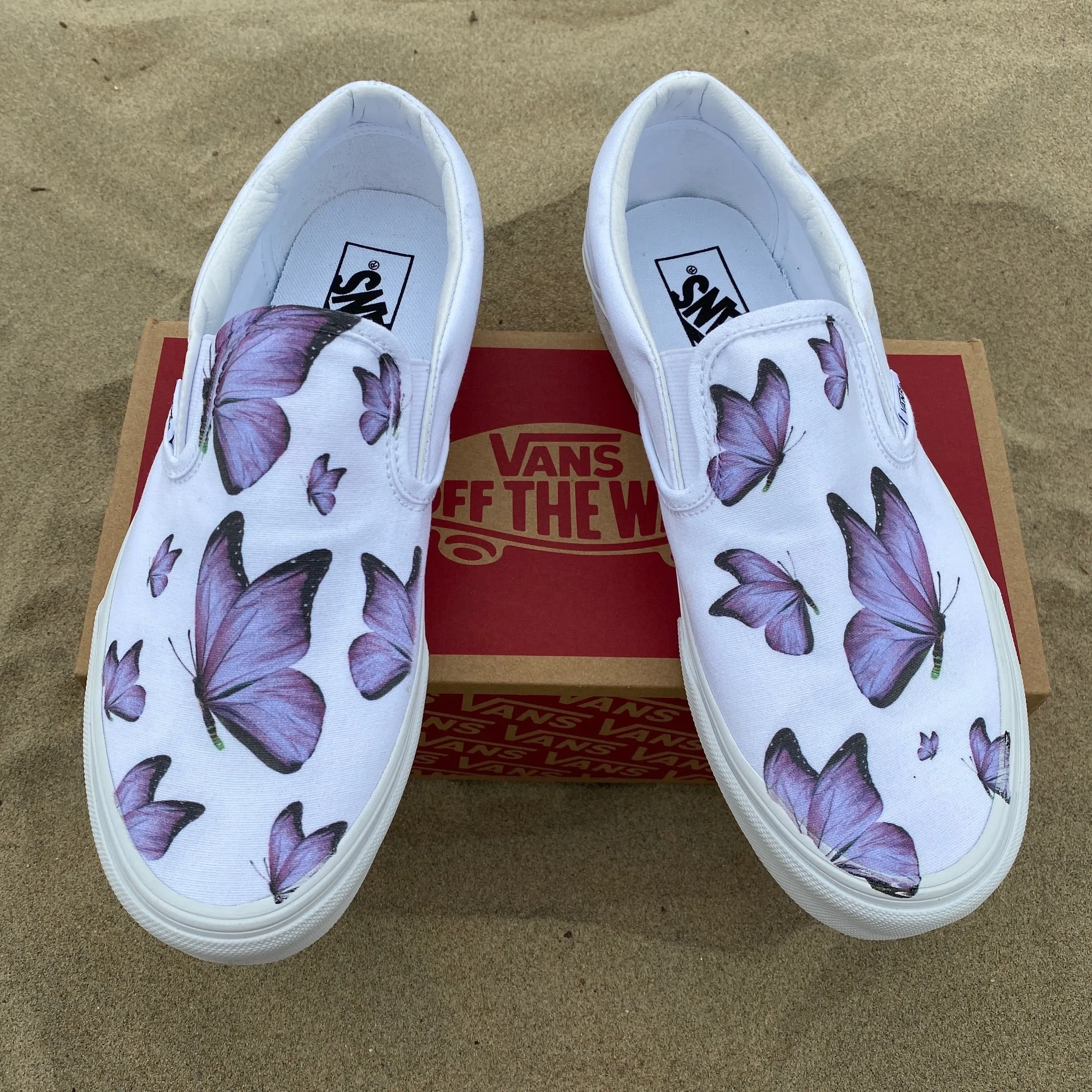 Purple Butterfly - White Slip Ons