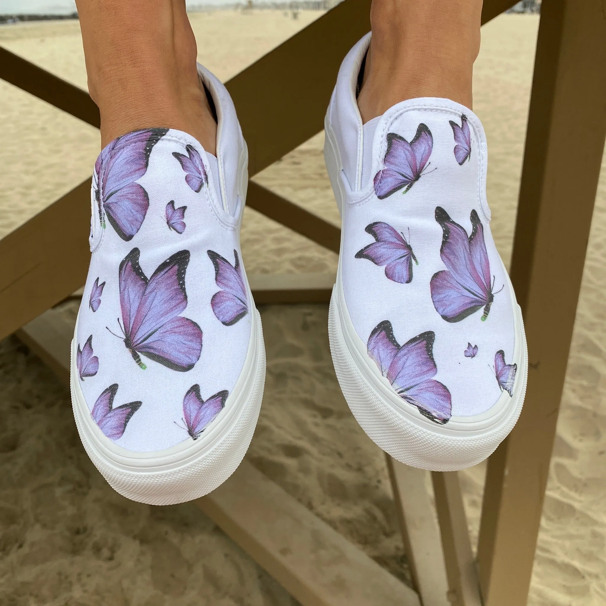 Purple Butterfly - White Slip Ons