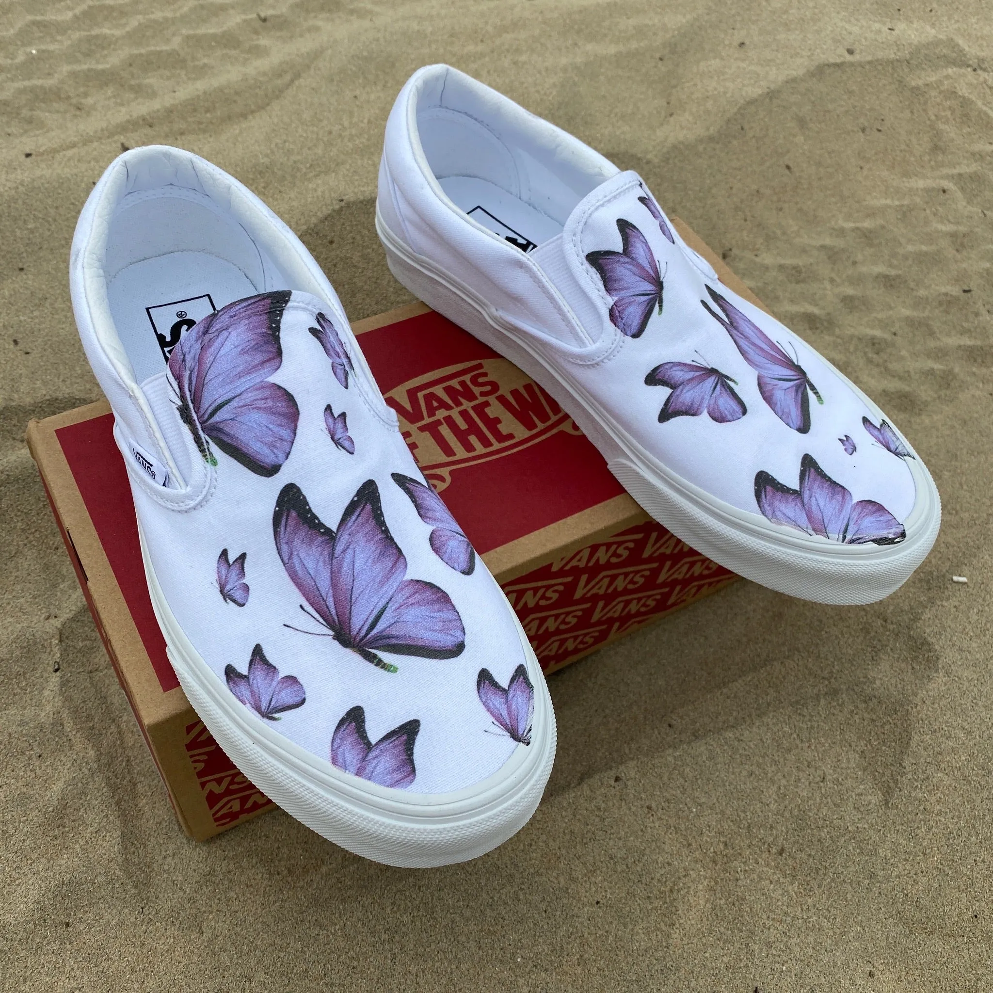 Purple Butterfly - White Slip Ons