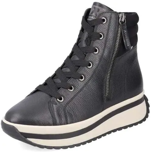 Rieker Evolution W0962-00 Castor Black Leather Lace-Up Flatform Trainer Boots