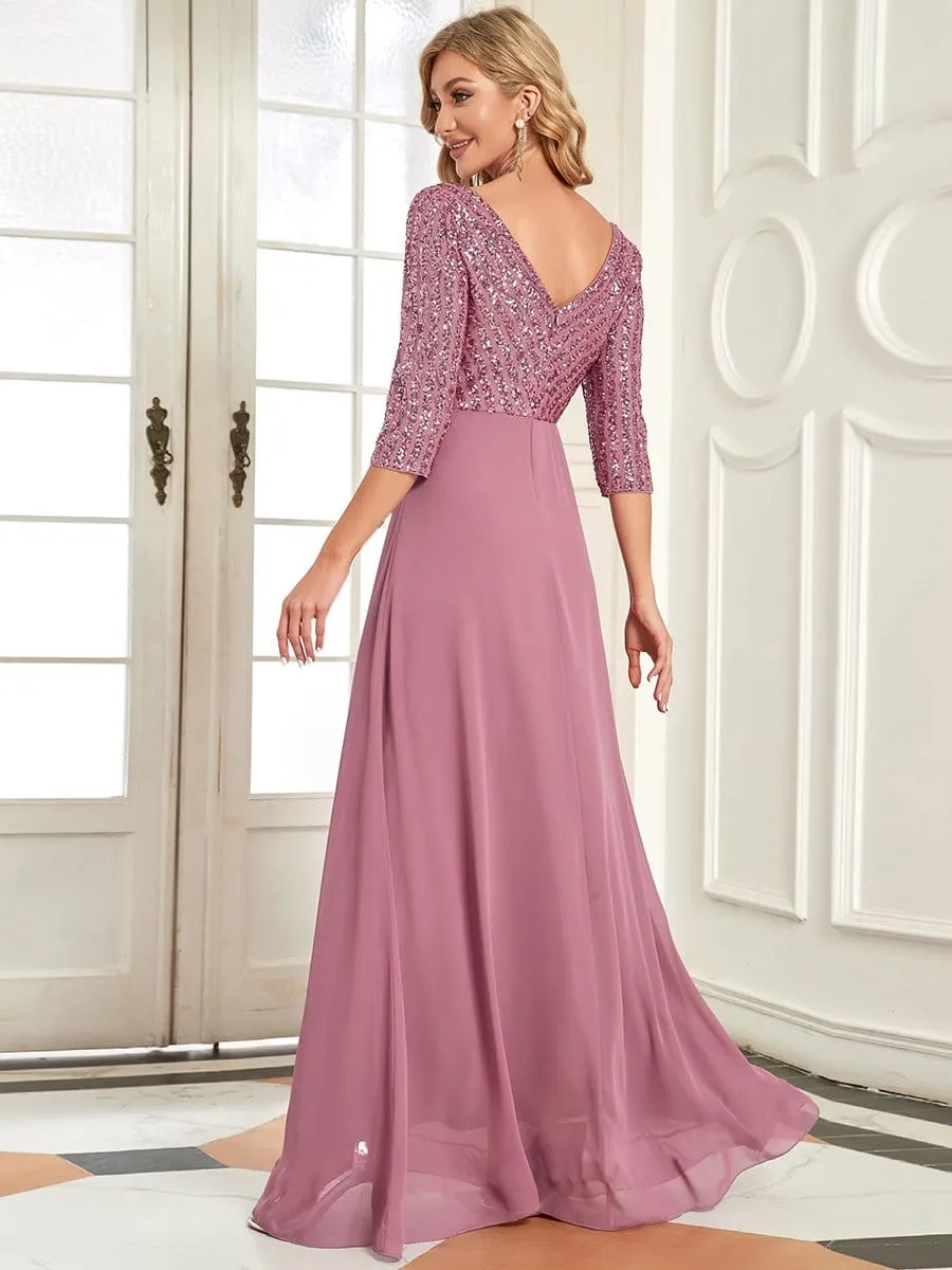 Sexy V Neck Sequin Evening Dresses with 3/4 Sleeve