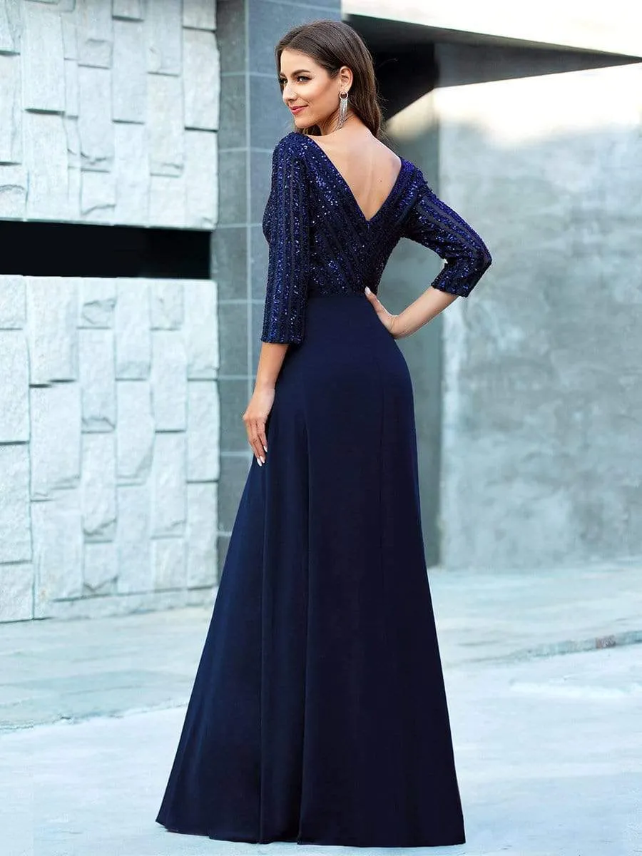 Sexy V Neck Sequin Evening Dresses with 3/4 Sleeve