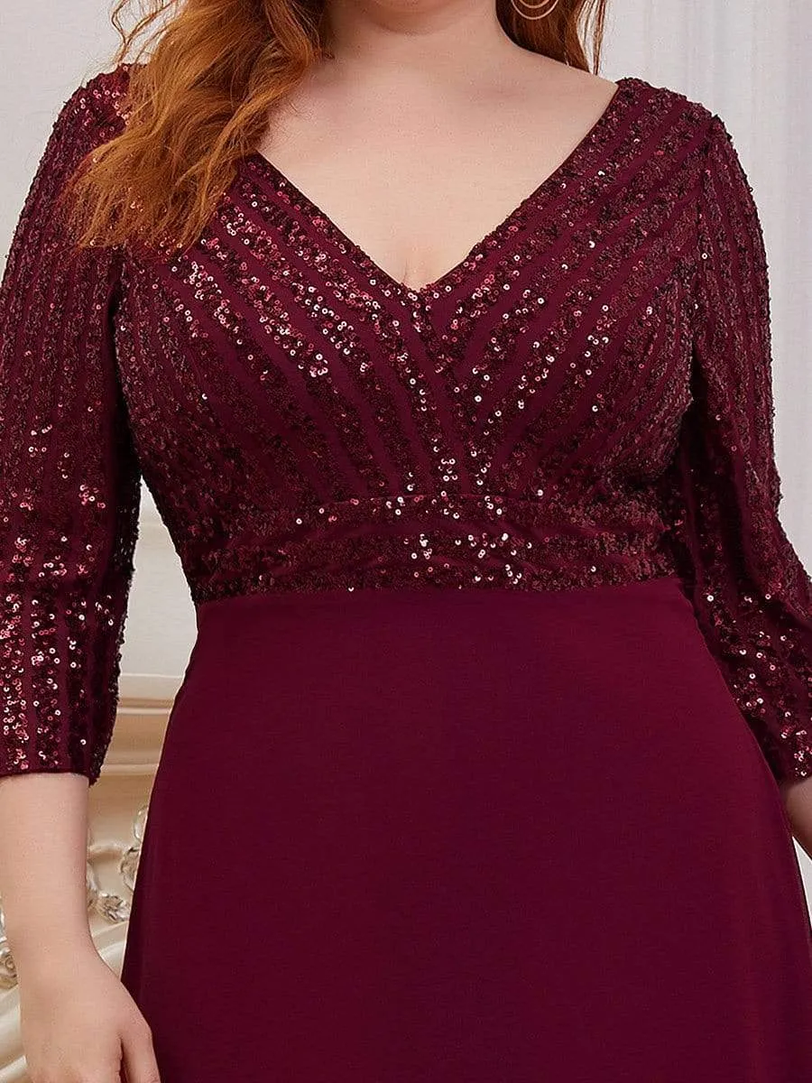 Sexy V Neck Sequin Evening Dresses with 3/4 Sleeve