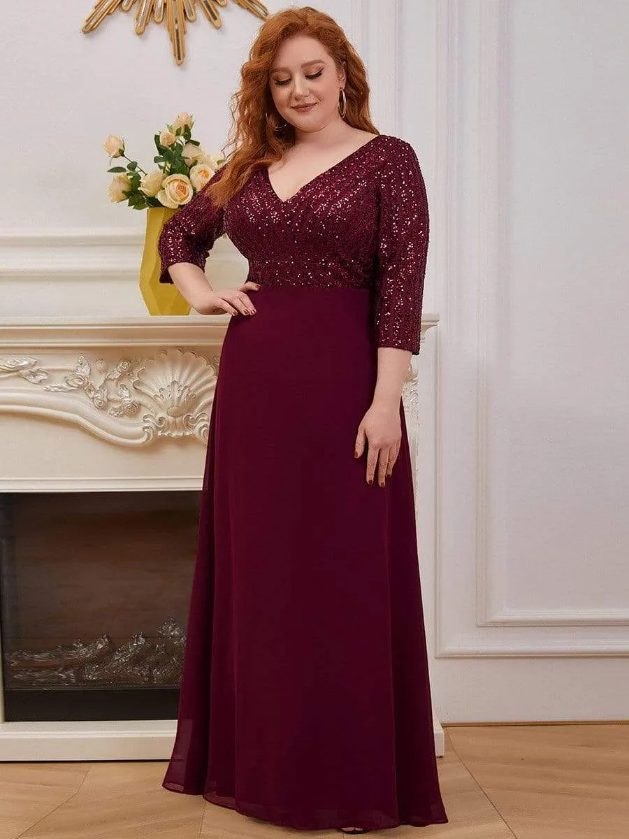 Sexy V Neck Sequin Evening Dresses with 3/4 Sleeve