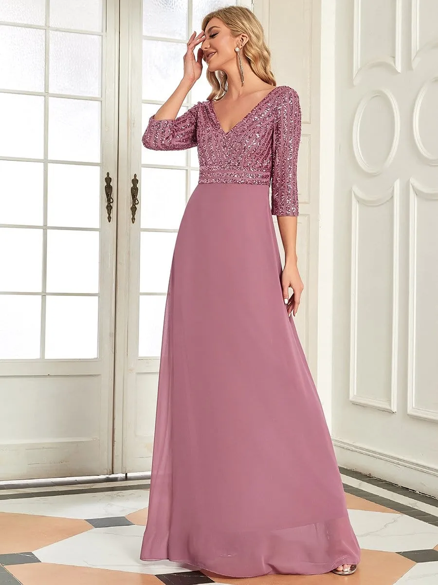 Sexy V Neck Sequin Evening Dresses with 3/4 Sleeve