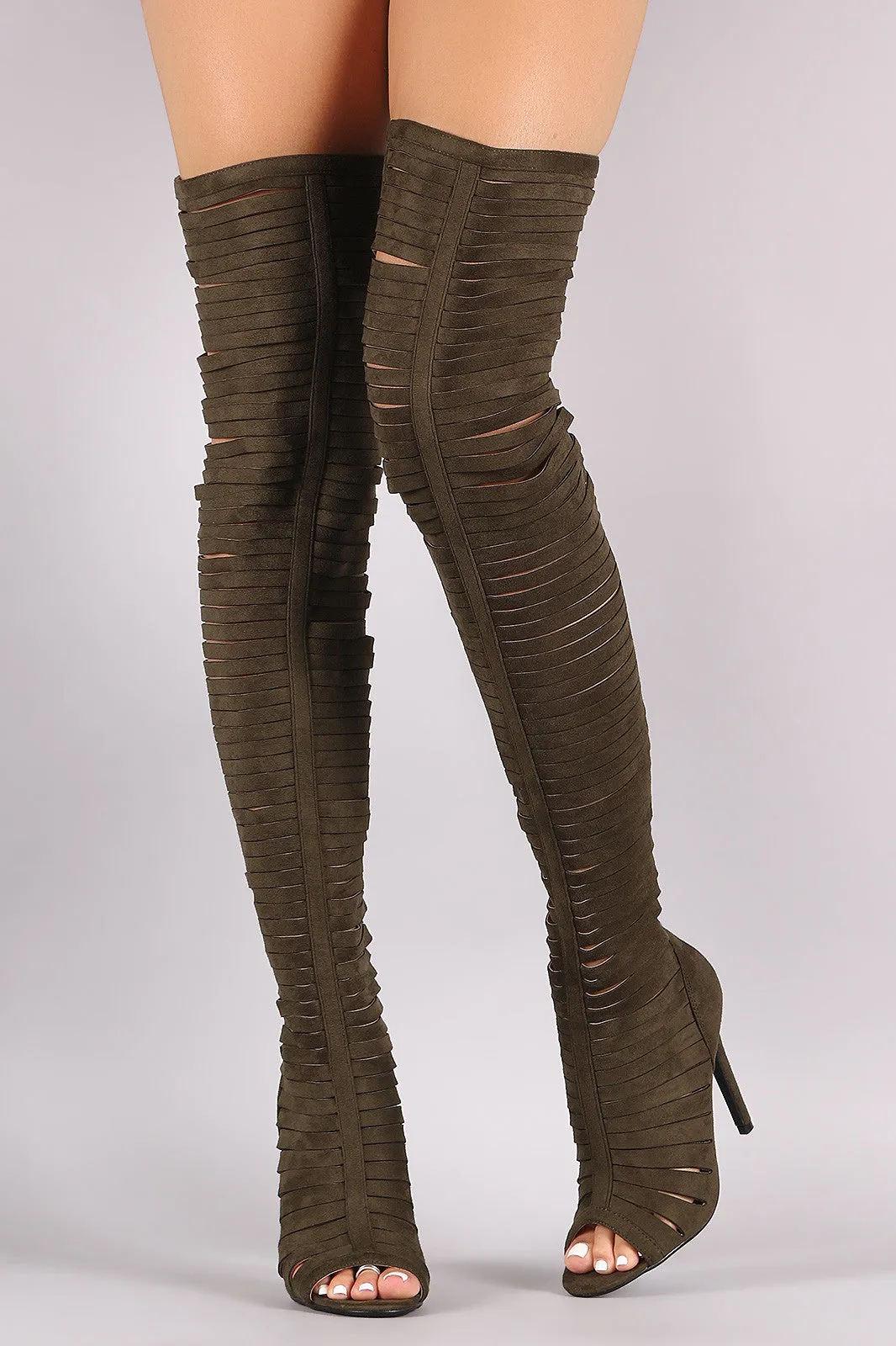 Strappy Peep Toe Stiletto Over The Knee Boots