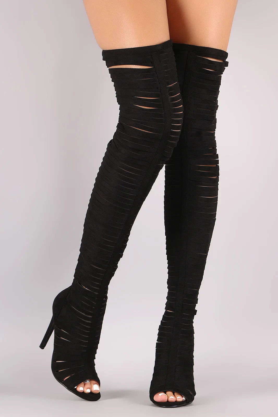 Strappy Peep Toe Stiletto Over The Knee Boots