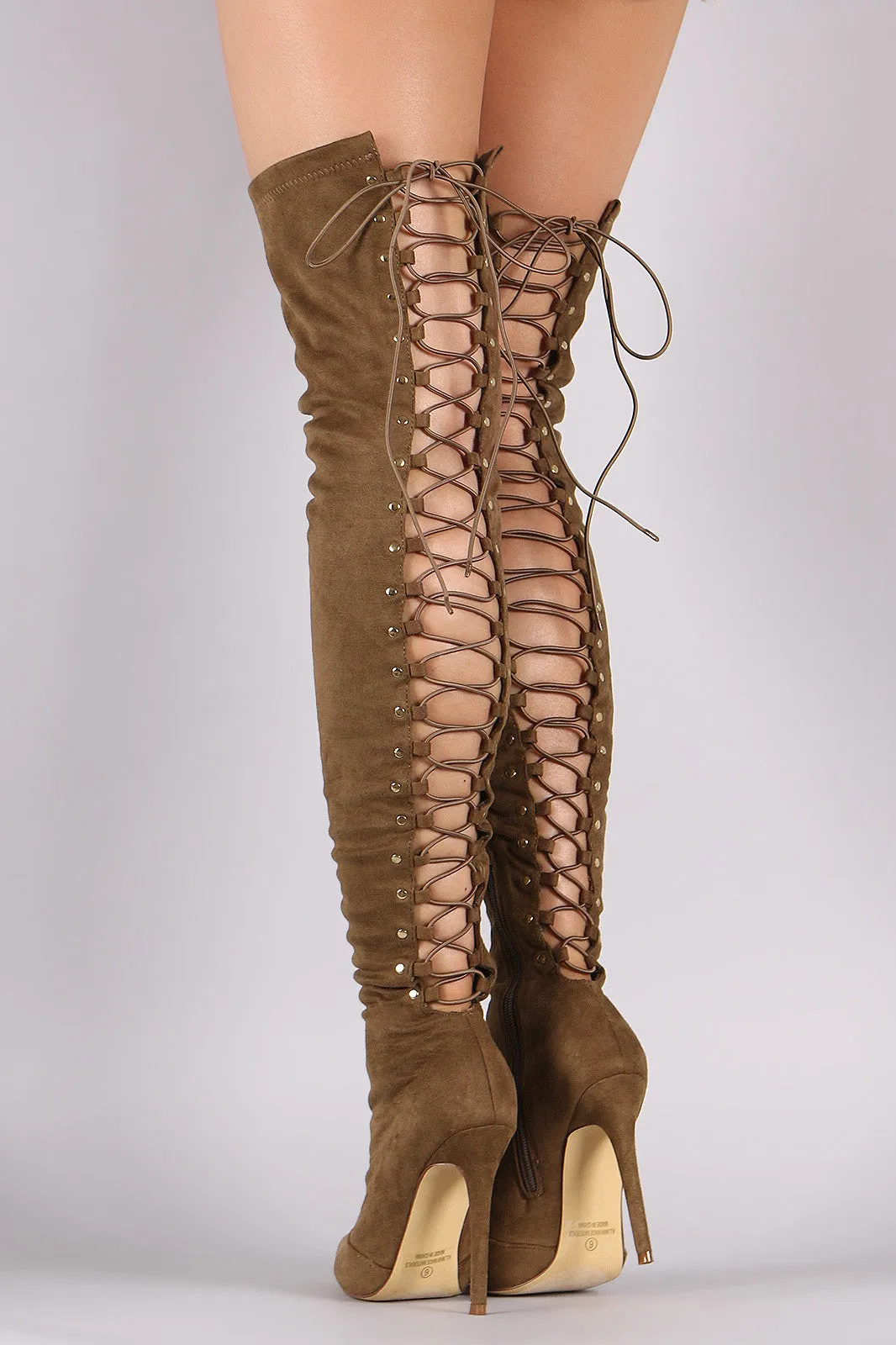 Suede Back Studded Lace Up Pointy Toe Boots