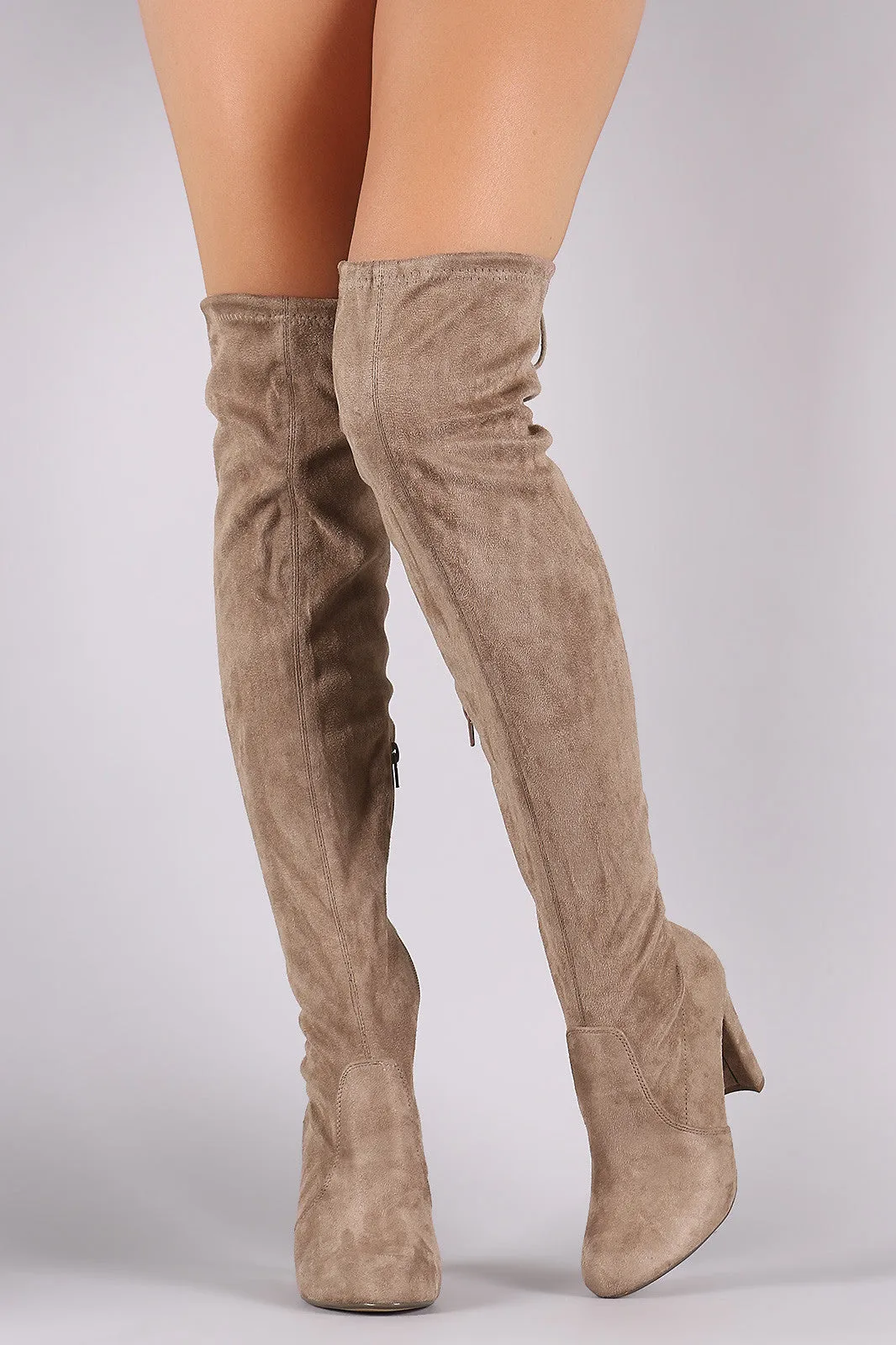 Suede Drawstring Tie Thick Heeled Over-The-Knee Boots