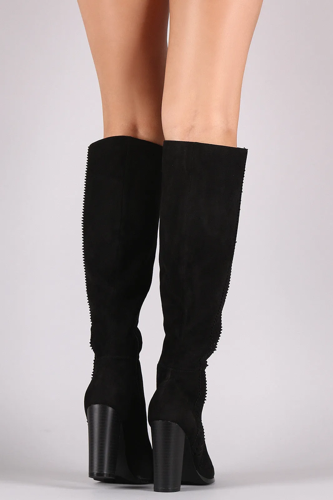 Suede Perforated Trim Chunky Heeled Knee High Boots