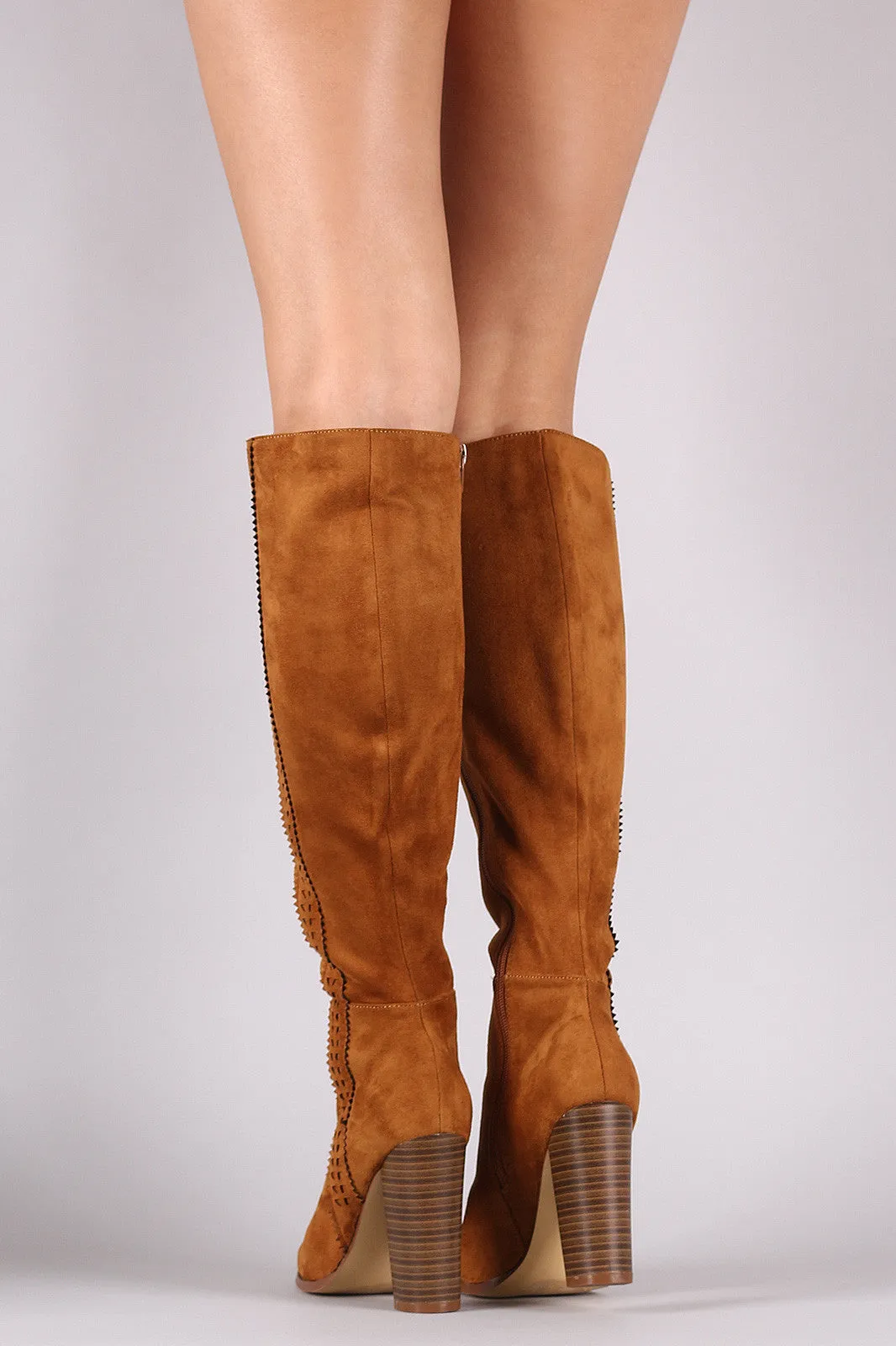 Suede Perforated Trim Chunky Heeled Knee High Boots