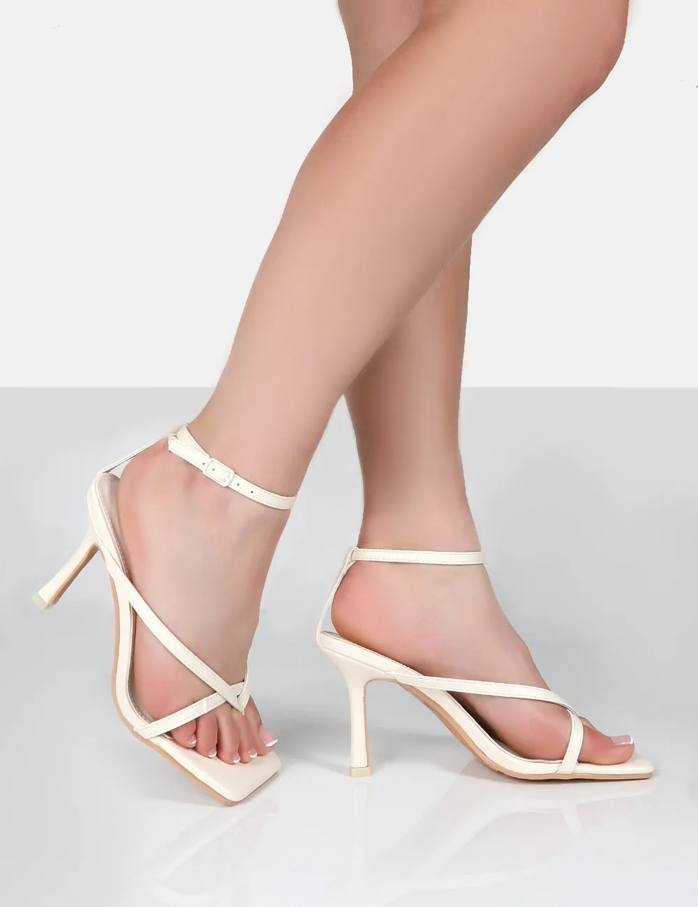 Verdant Ecru Pu Strappy Square Toe Heels