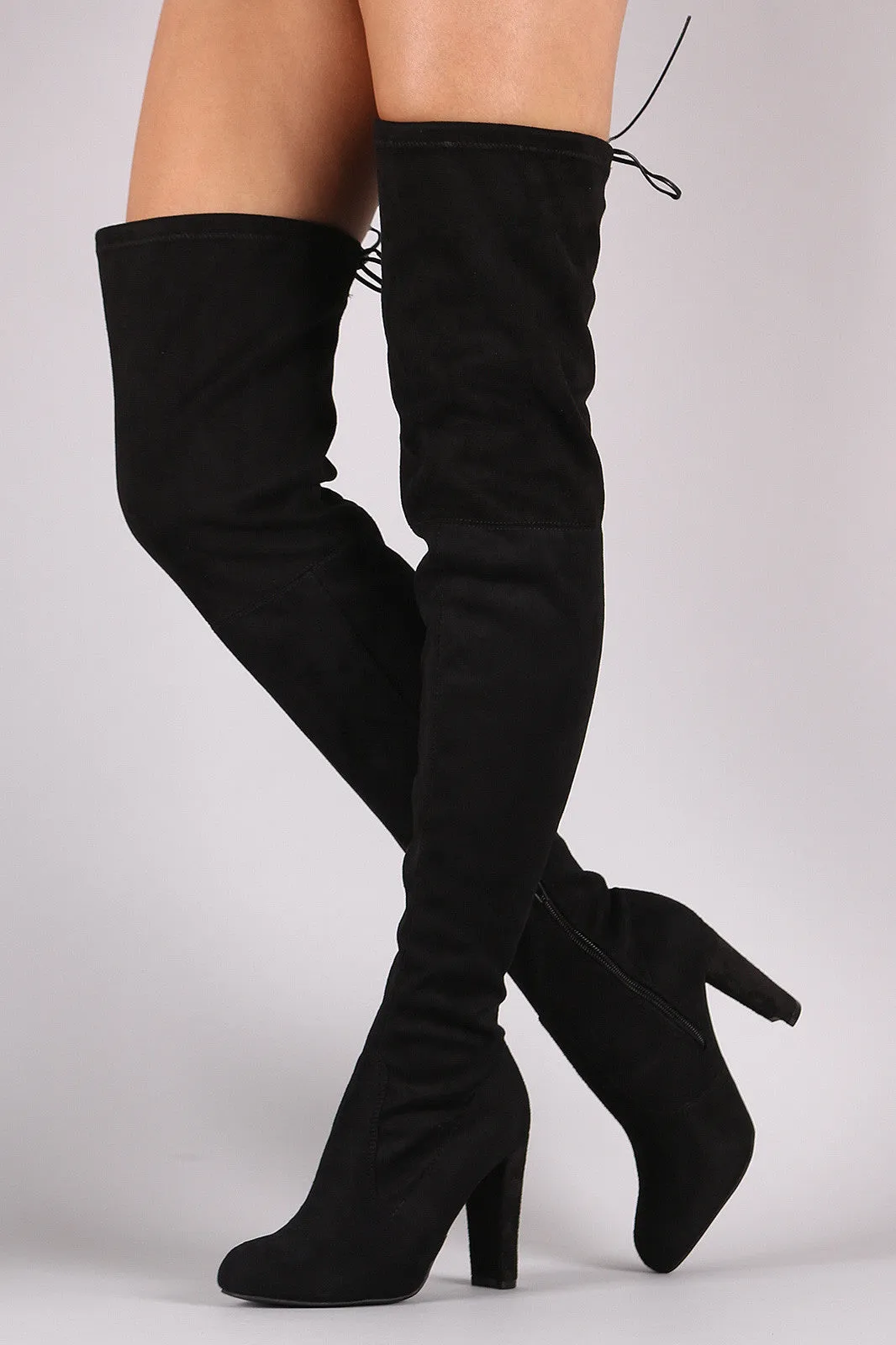 Wild Diva Lounge Suede Drawstring-Tie Heeled Over-The-Knee Boots