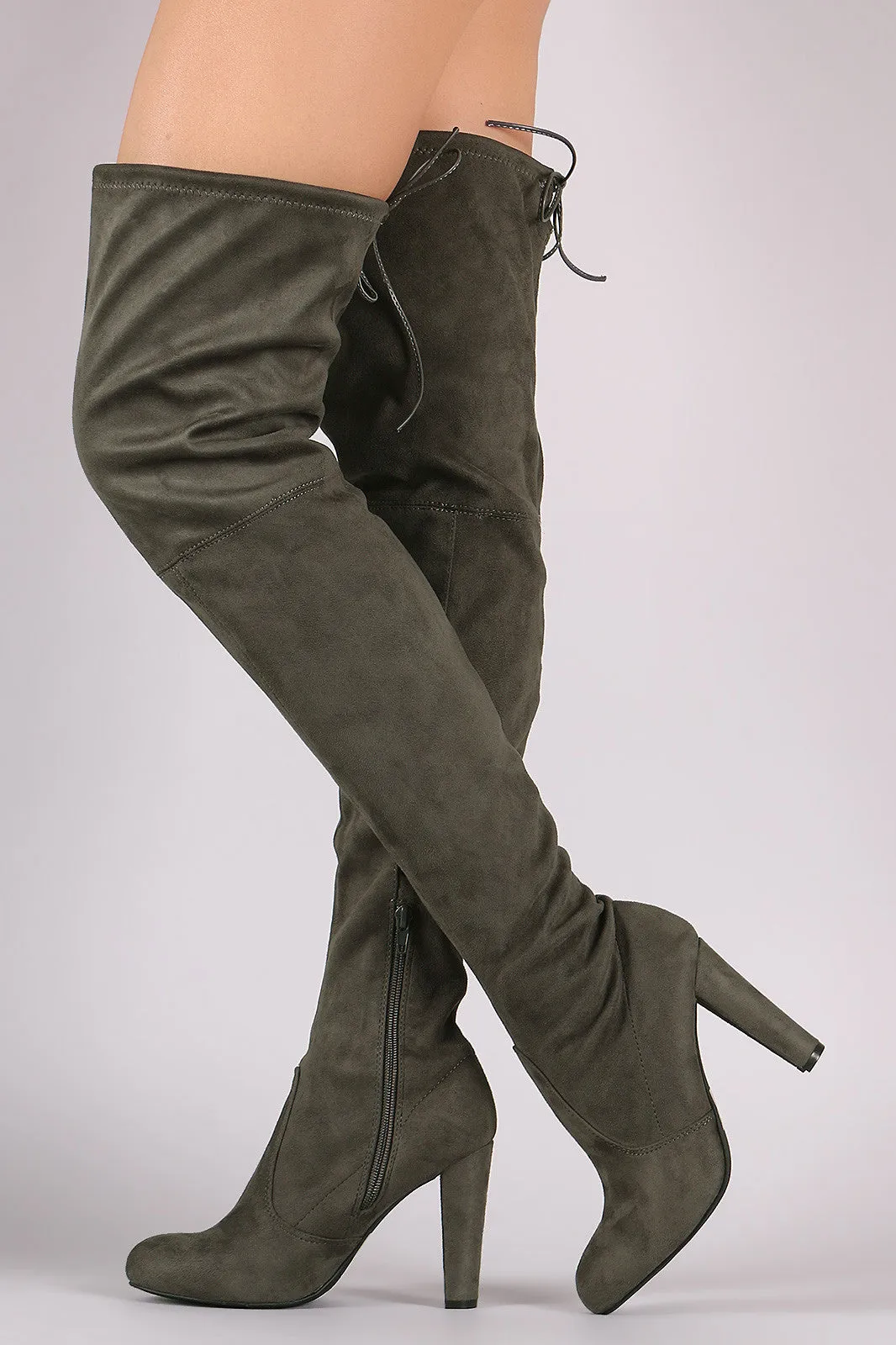 Wild Diva Lounge Suede Drawstring-Tie Heeled Over-The-Knee Boots