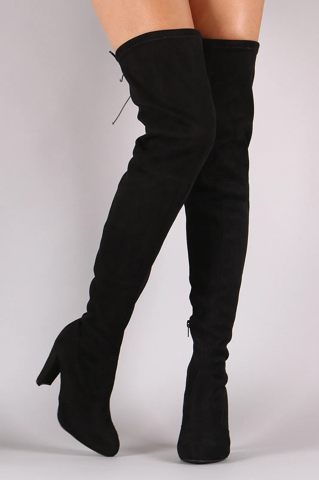 Wild Diva Lounge Suede Drawstring-Tie Heeled Over-The-Knee Boots