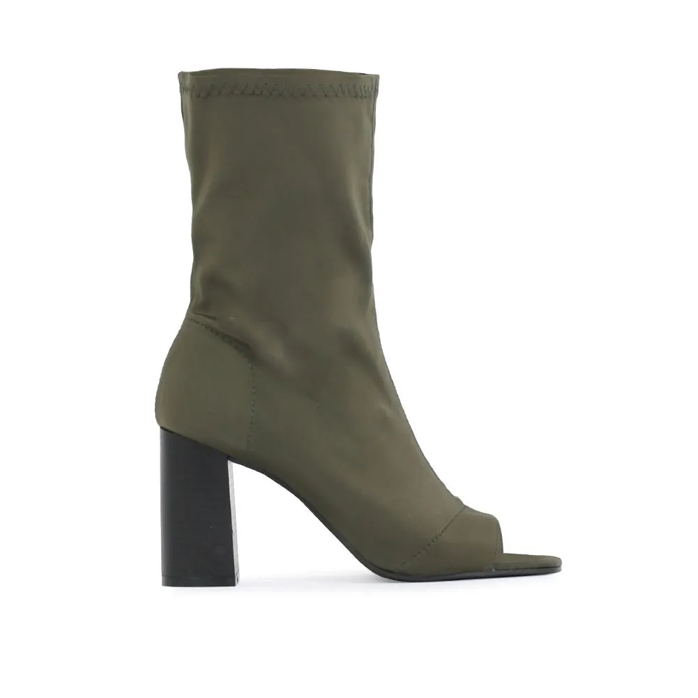 Yasmin Peeptoe Sock Fit Ankle Boots in Khaki Stretch