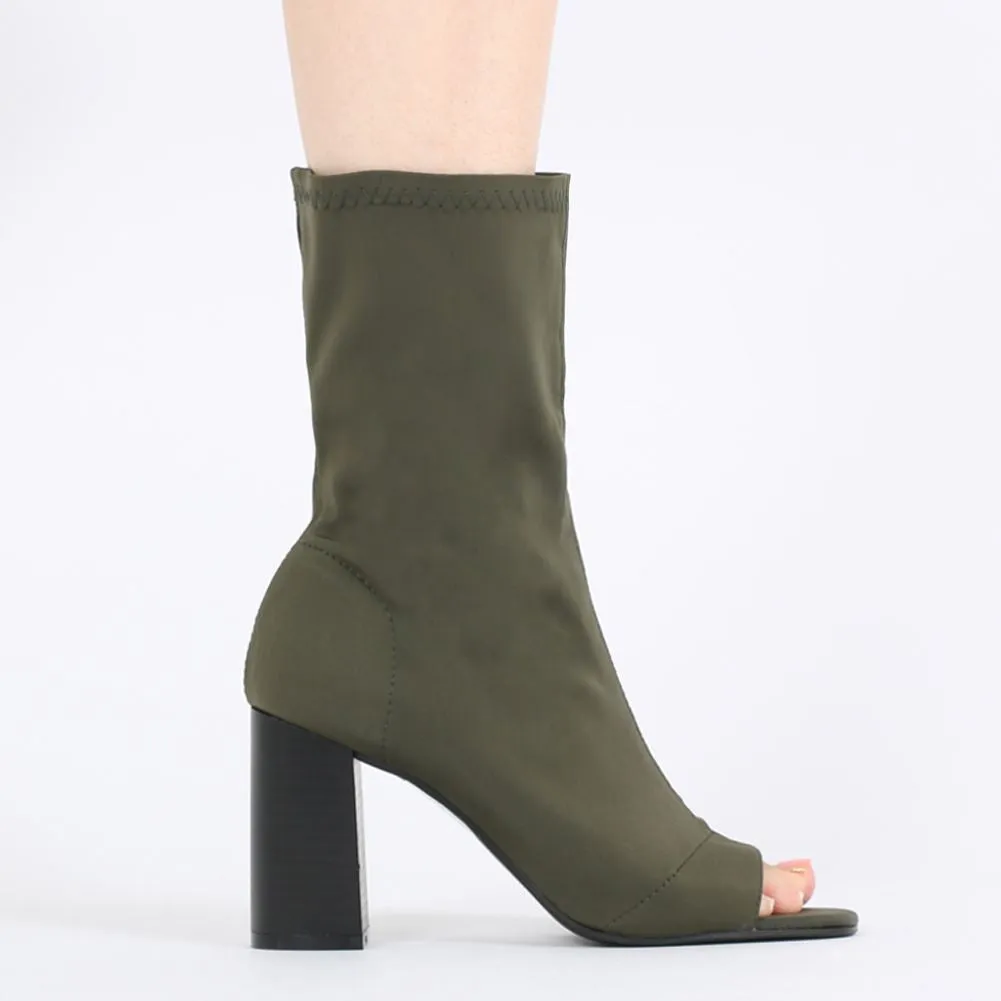 Yasmin Peeptoe Sock Fit Ankle Boots in Khaki Stretch