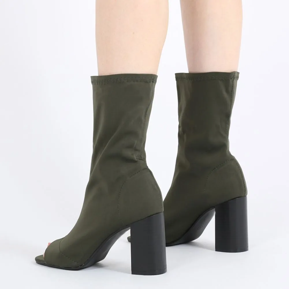 Yasmin Peeptoe Sock Fit Ankle Boots in Khaki Stretch