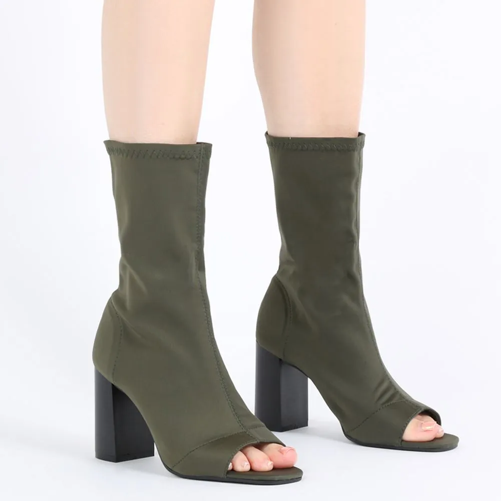 Yasmin Peeptoe Sock Fit Ankle Boots in Khaki Stretch