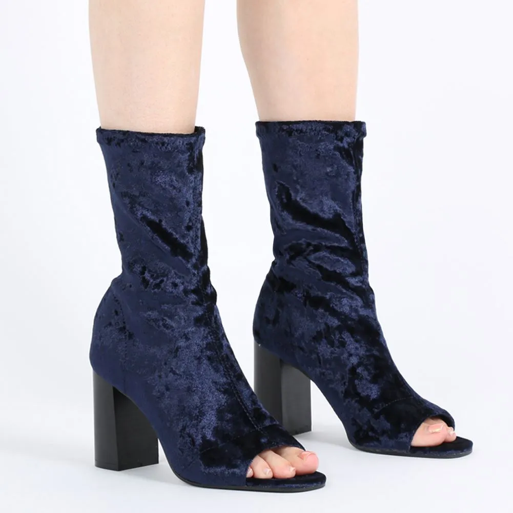 Yasmin Peeptoe Sock Fit Ankle Boots in Navy Velvet