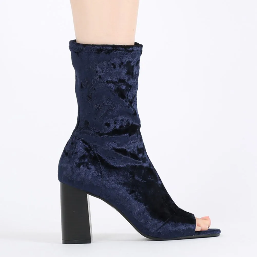 Yasmin Peeptoe Sock Fit Ankle Boots in Navy Velvet