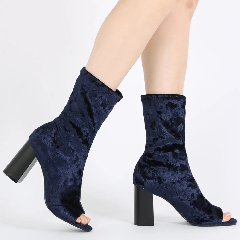 Yasmin Peeptoe Sock Fit Ankle Boots in Navy Velvet