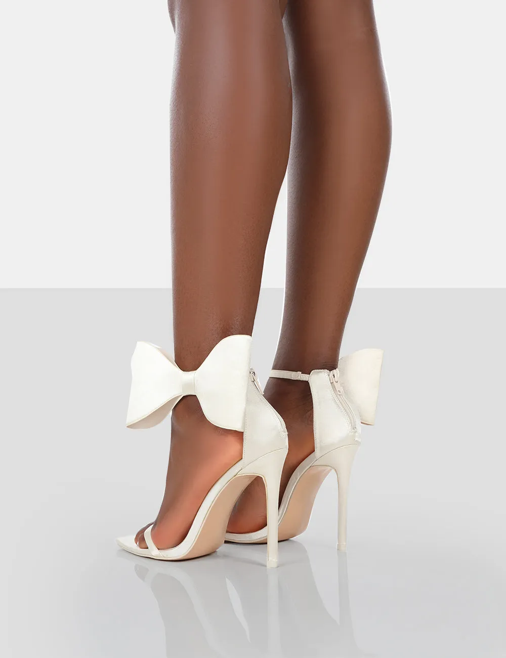 Zeal Wide Fit Off White Satin Strappy Bow Ankle Detail Stiletto Heels